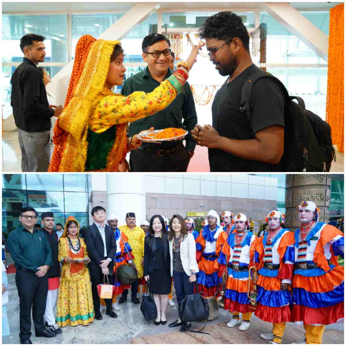जौलीग्रांट एयरपोर्ट पर जी 20 सम्मेलन में प्रतिभाग करने पहुंचे प्रतिनिधिमंडल के सदस्यों का ढोल दमाऊ के साथ भव्य स्वागत