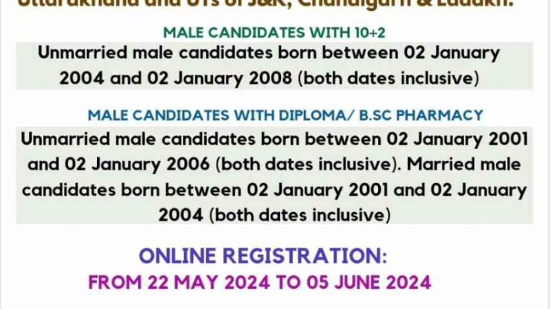 03 जुलाई से 12 जुलाई, 2024 तक एयरफोर्स स्टेशन चण्डीगढ़ में मेडिकल असिस्टैंट कैडर की भर्ती